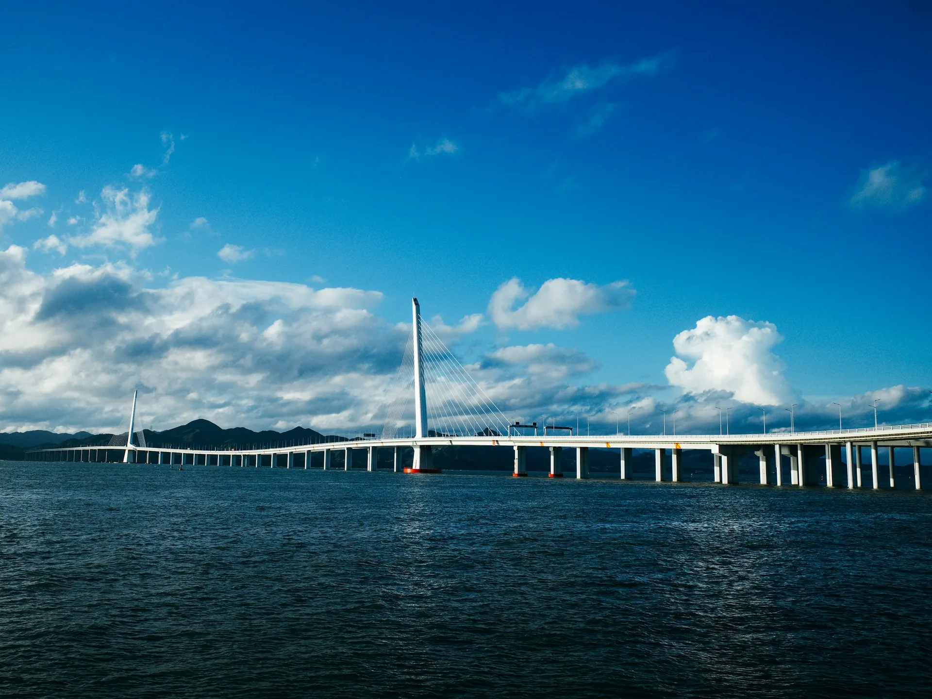 A cable-stayed bridge crossing coastal waters