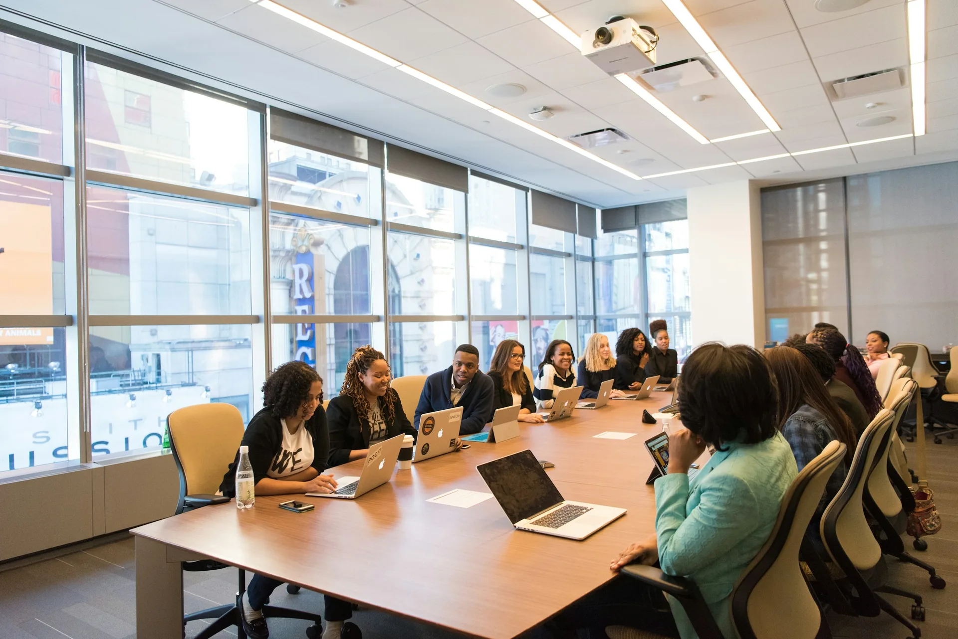 Professionals exchanging ideas around a conference table